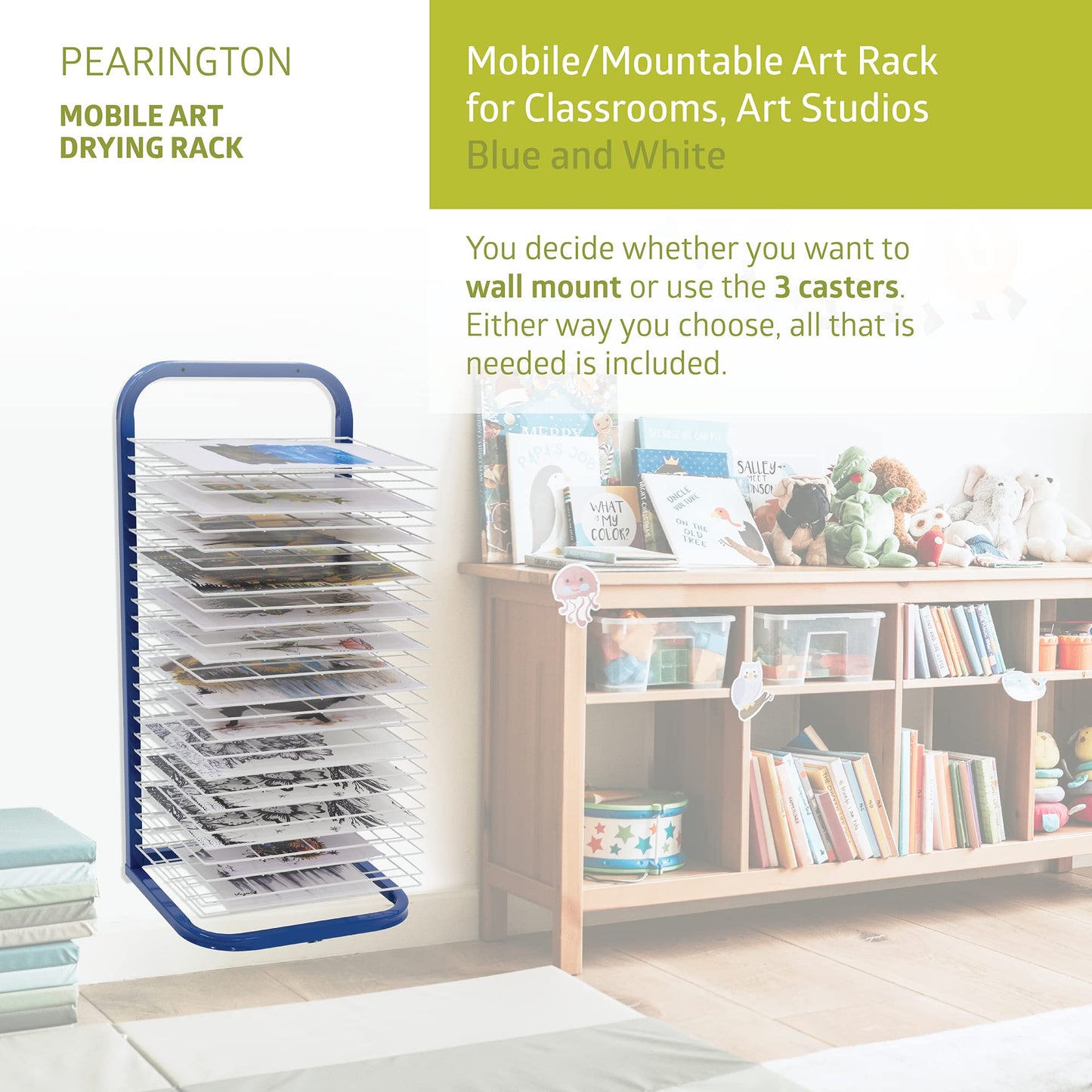 Pearington 25-Shelf Mobile/Wall Mountable Art Drying Rack for Art Studios & Classrooms, 13" D x 17.5" W x 39.4" H, Blue/White, 2-Pack