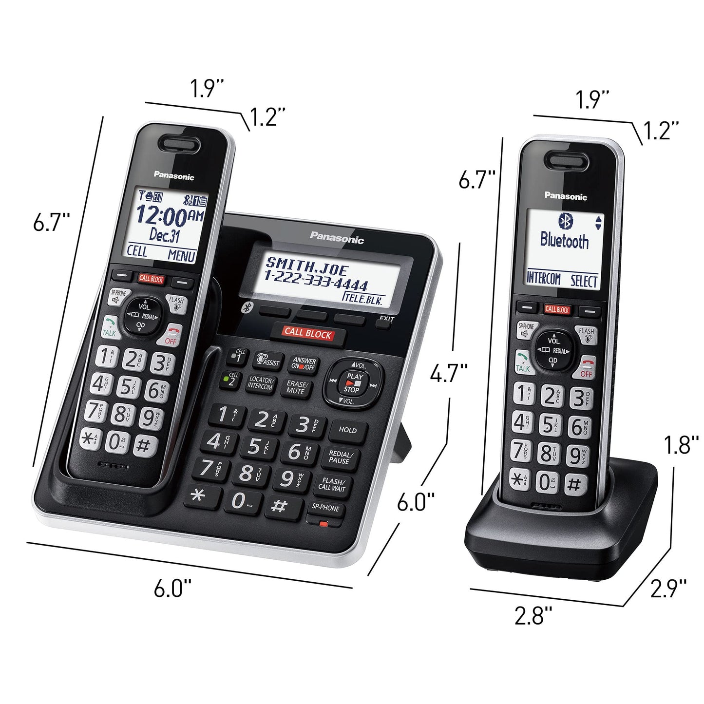 Panasonic Cordless Phone with Advanced Call Block, Link2Cell Bluetooth, One-Ring Scam Alert, and 2-Way Recording, Phone with Answering Machine, 3 Handsets - KX-TGF973B (Black/Silver Trim)
