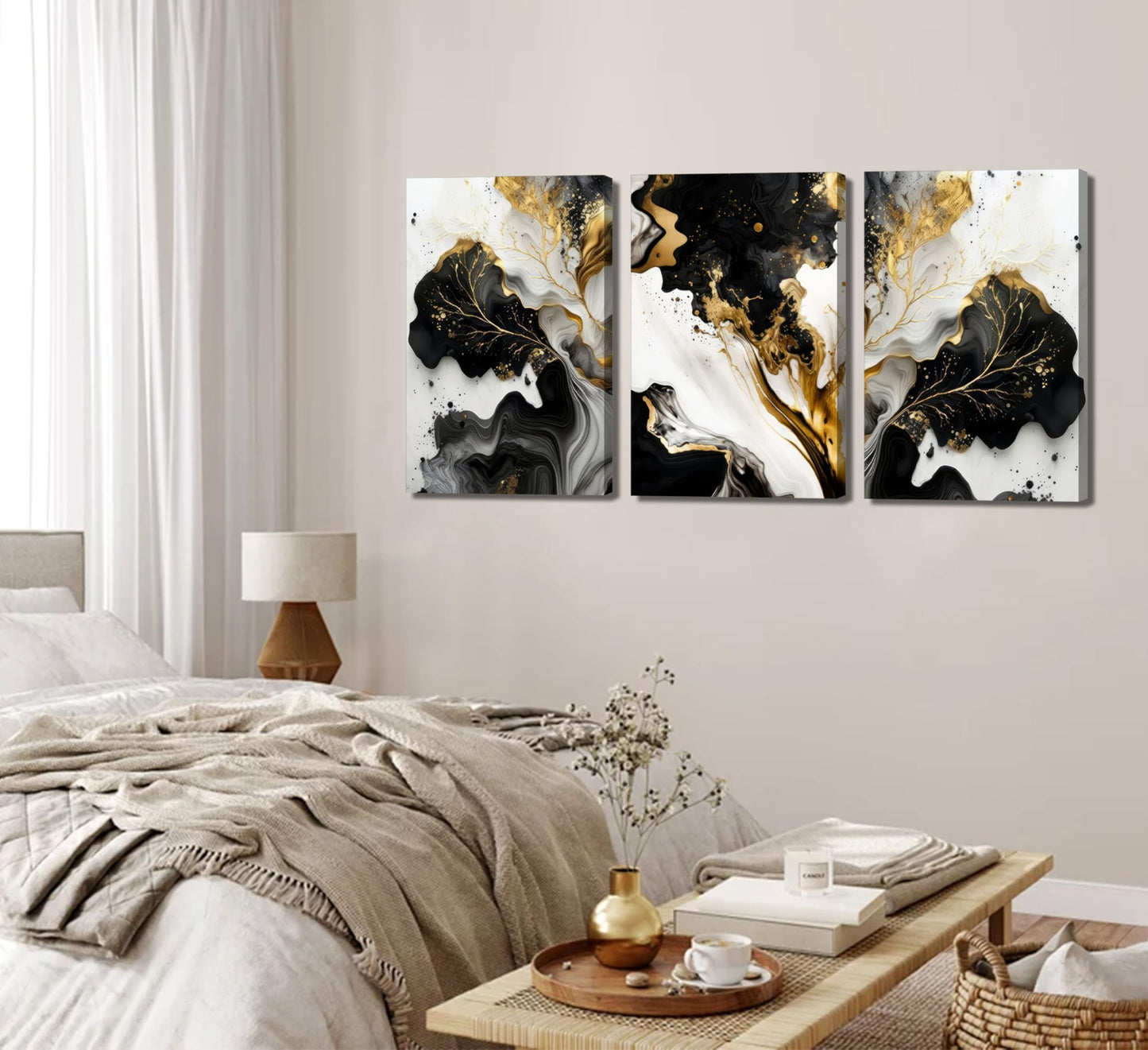 3Pcs Abstract Marble Canvas Wall Art Picture Black White Gold Texture Poster Print Modern Painting Wall Decor for Bedroom Living Room Office 12x16in Framed
