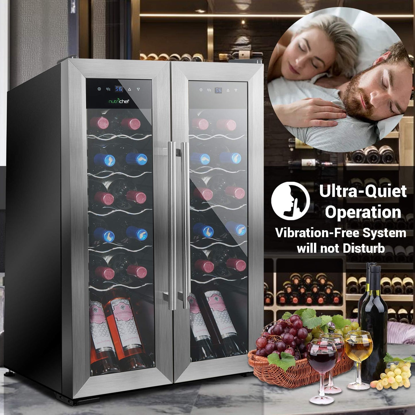 NutriChef 24-Bottle Wine Fridge – Dual Zone Cooler for Red & White Wines, 41°F–64°F Temp Control, Ultra-Quiet, Fits Home, Office, or Kitchen Counters – 31x19x20 in.