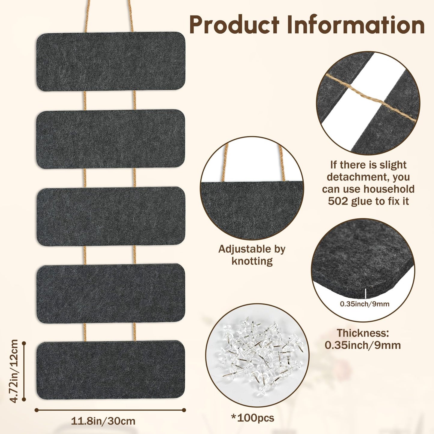 Double-Sided Hanging Felt Boards with Rope,5-Piece Integrated Design Pin Board for DIY Display