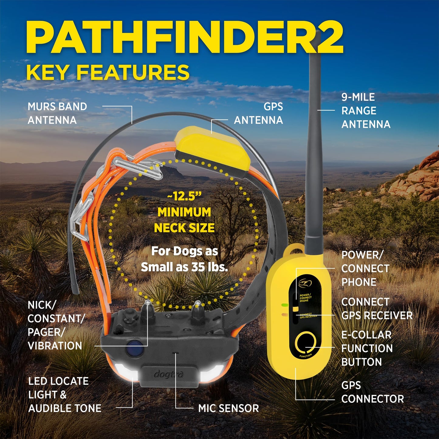 Dogtra Pathfinder 2 GPS Dog Tracker e Collar 9 Mile Long Range LED Light No Monthly fees Free App Waterproof Smartwatch Control Satellite Real Time Tracking Multiple Dogs Smartphone Required