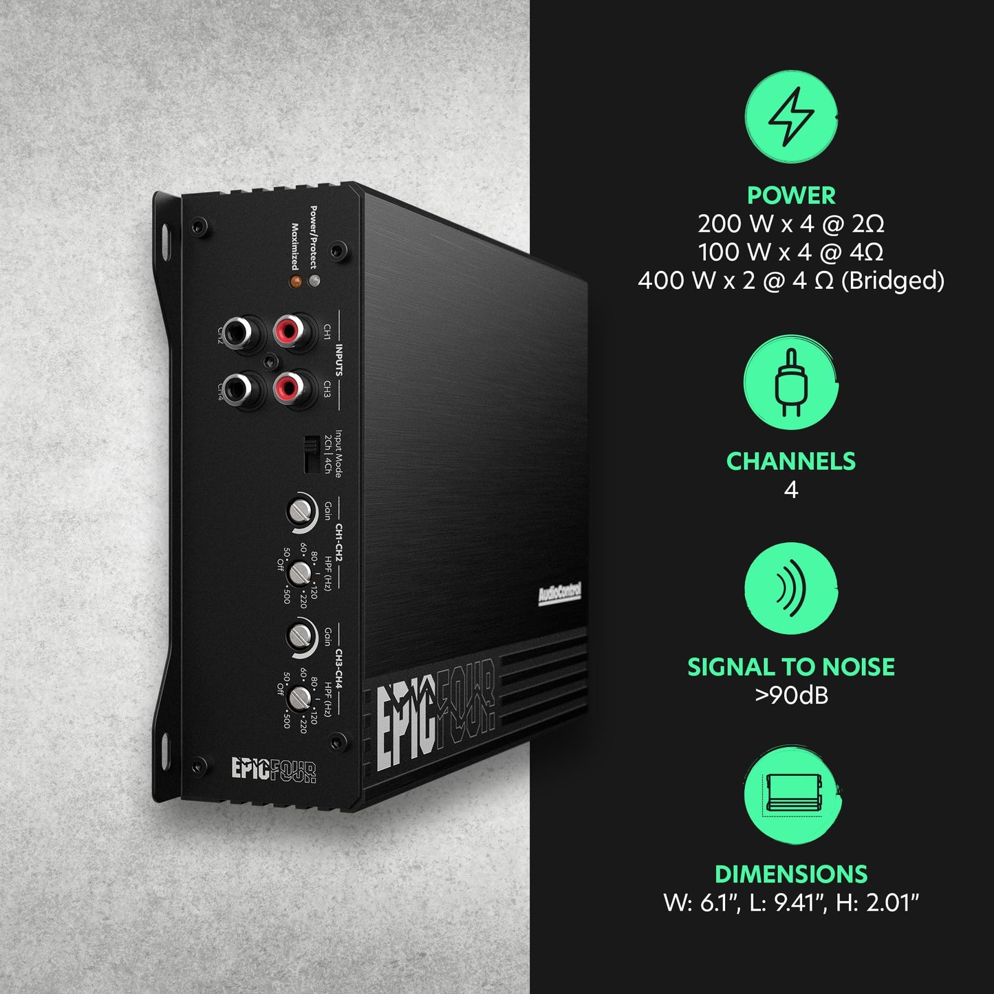 AudioControl EPICFOUR 4-Channel Amplifier Car Audio 800W RMS, Compact Digital Class D, High/Low Pass Crossover, RCA Line Level Inputs for Aftermarket Radios, Epicenter Link, Smart Auto Protection