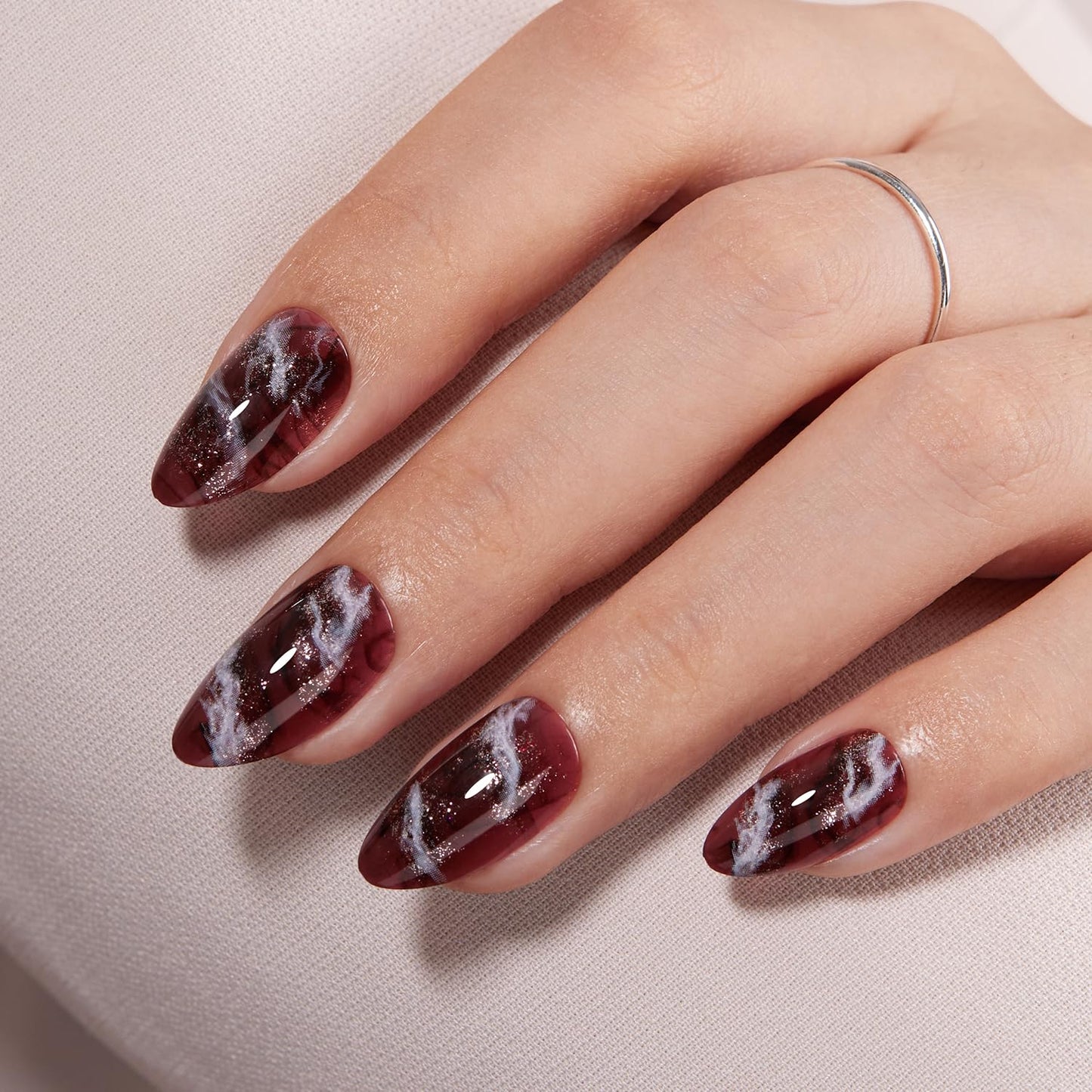VSALON Press on Nails Short Almond - Brown Marble Glitter Glue On Nails Kit for Women, Reusable Opaque Salon Quality Swirl Fake Nails - 32 PCS Stick on Nails in 16 Sizes with Glue & Cuticle Oil