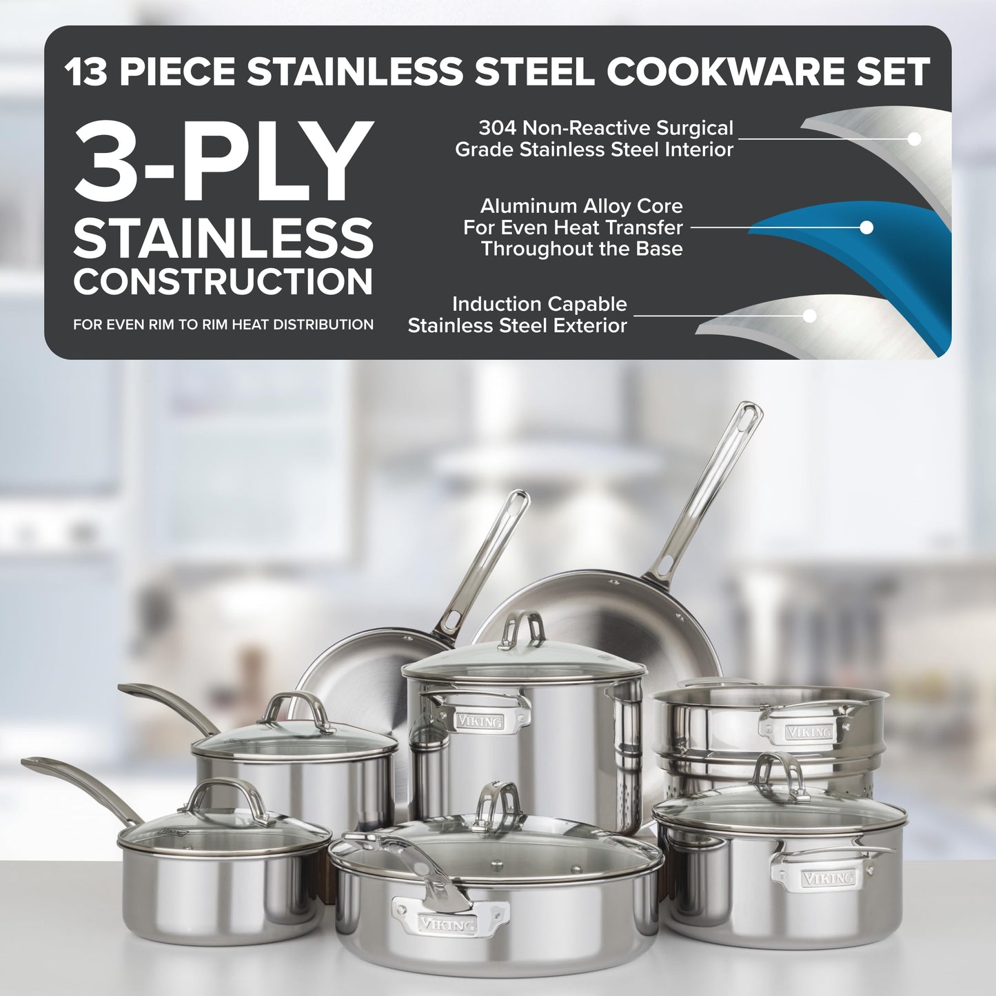 Viking 3-Ply Pots and Pans Set, 13 Piece Stainless Steel Cookware, Glass Lids, Strainer, Silver