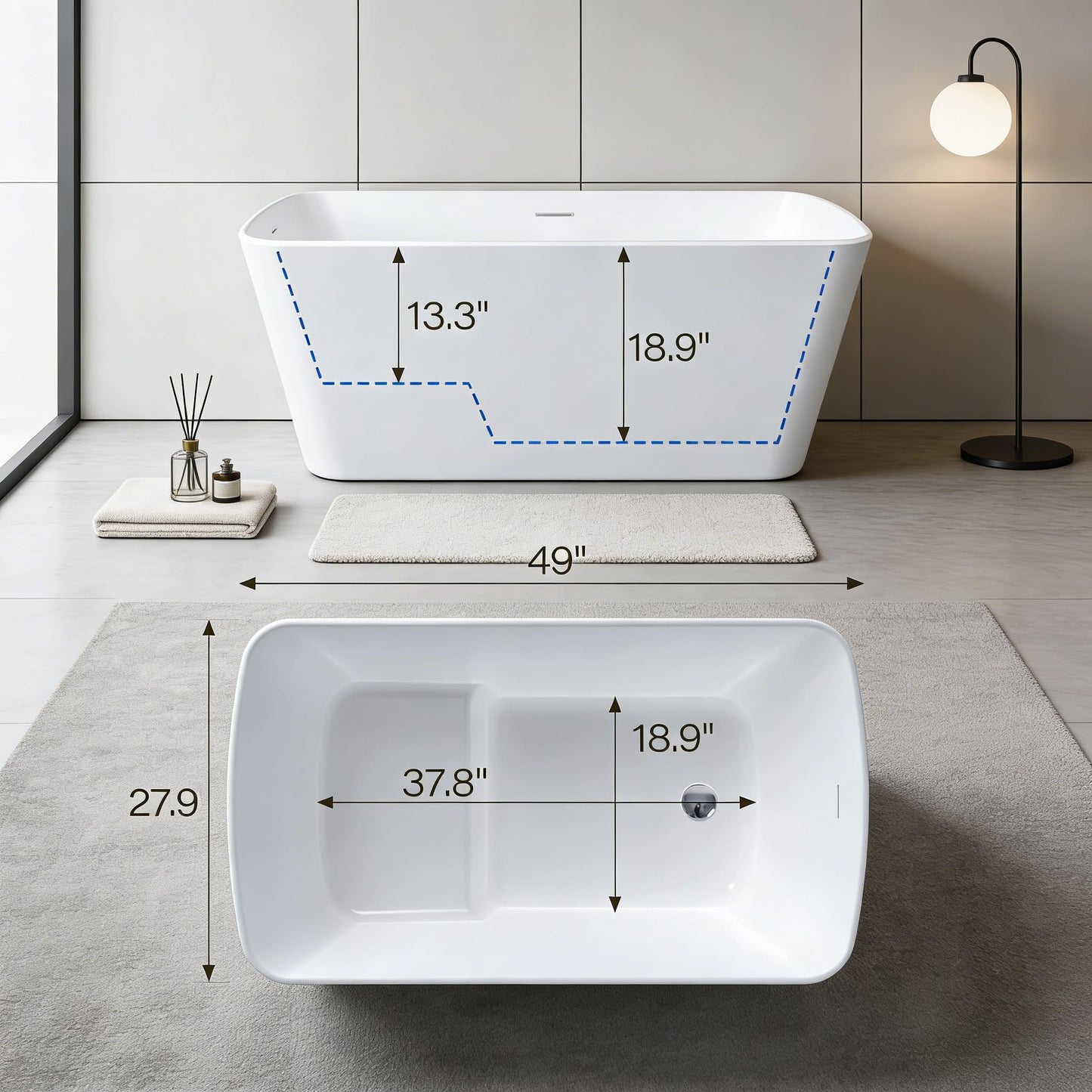 Acrylic Freestanding Bathtub, Soaking Tub with Seat, Toe-Tap Drain, Slotted Overflow, Deep Ergonomic Design, CUPC Certified, Glossy White, 49"