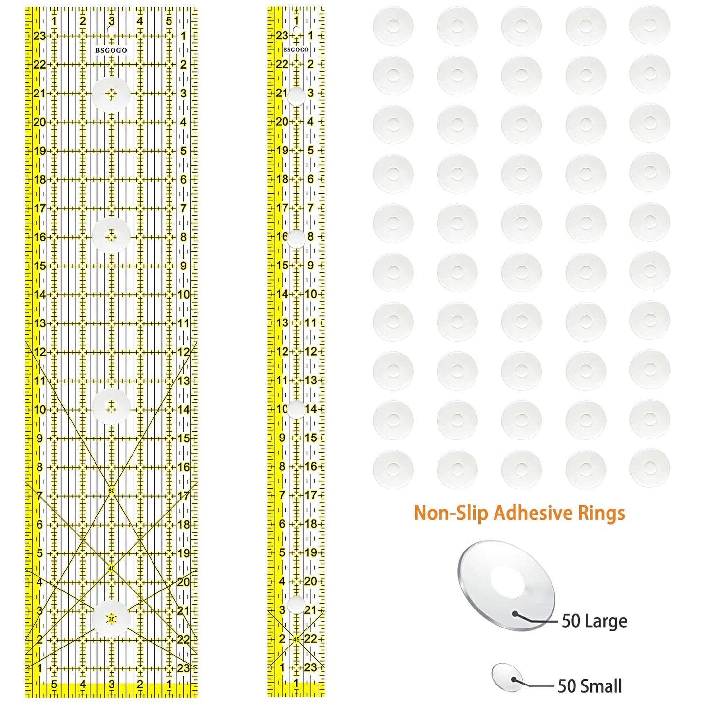 Acrylic Ruler 7 Piece Set, Non Slip Rings 50 Pieces, Quilting Rulers, Size (6"x24"), (2"x24"), (3"x18"), (3"x8"), (1.5"x12"), (1"x12"), (1"x6") (Yellow-7 Piece Set)