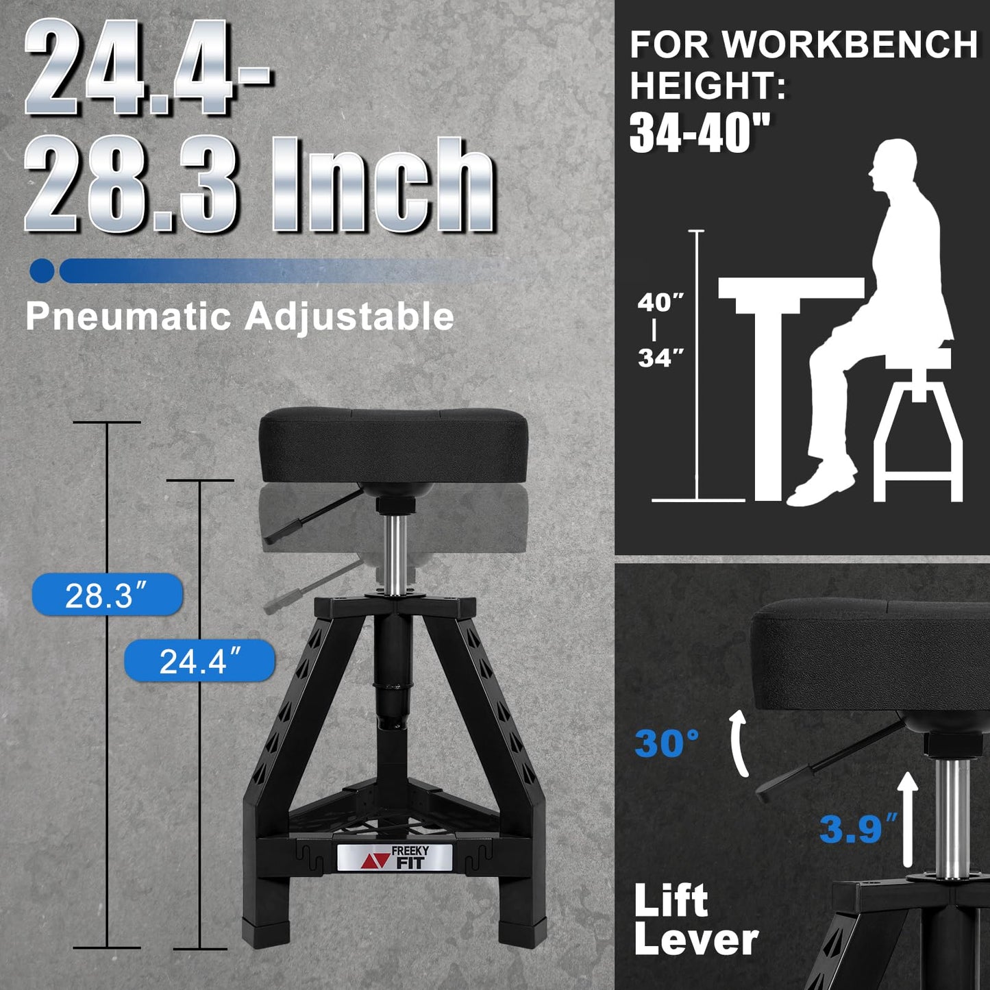FreekyFit Adjustable Shop Stool,Garage Mechanic Stool Chair,Work Seat for Workshop, Adjustable Height, 360° Swivel Padded Square Seat,Tool Storage, 350 LBS Capacity, Heavy Duty, Black