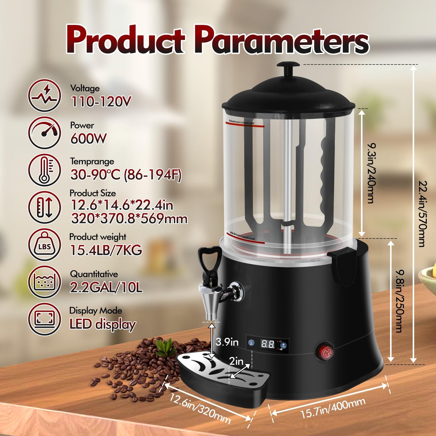 Commercial Hot Chocolate Machine - 10L/2.6Gal Hot Chocolate Maker, Electric Hot Drink Dispenser, 86-194°F Temperature Control Hot Beverage Maker for Cocoa, Milk, Coffee, Juice - Black