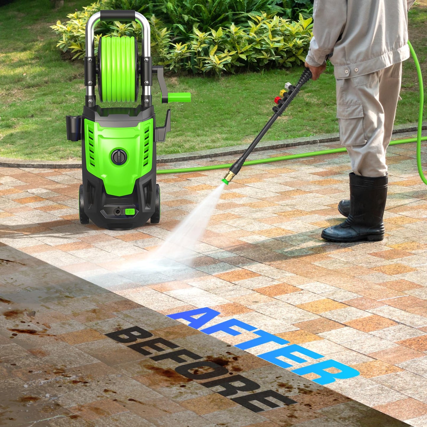 4800PSI Electric Pressure Washer- 3.8GPM High Power Washer with 33FT Hose Reel, 4 Spray Tips and Soap Bottle for Car Washing, Fence Cleaning, Patio Maintenance(Upgraded) (Green)