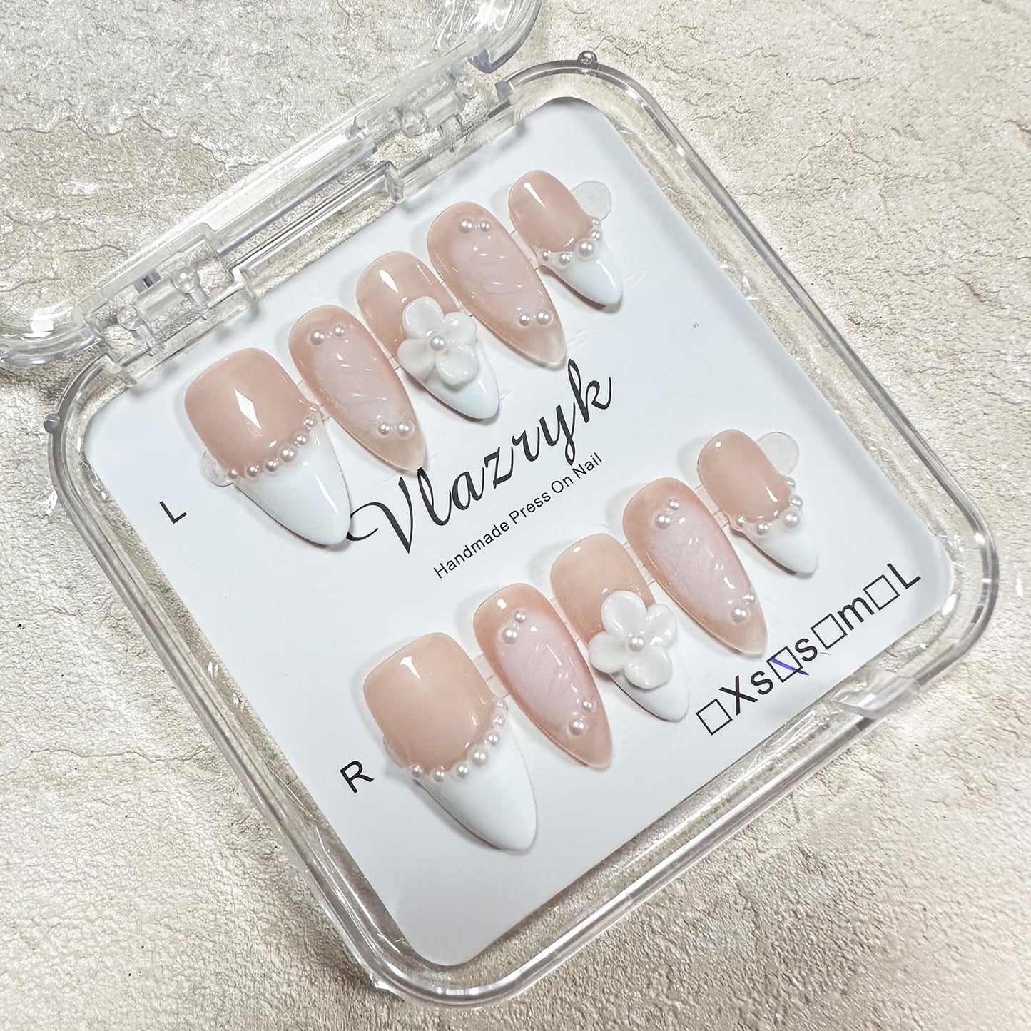 Handmade Press On Nails – Short Almond False Nails for Women, Reusable Acrylic White French Tip with Pearl & 3D Flowers Design – Salon Quality Fake Nails (M-10PCS)