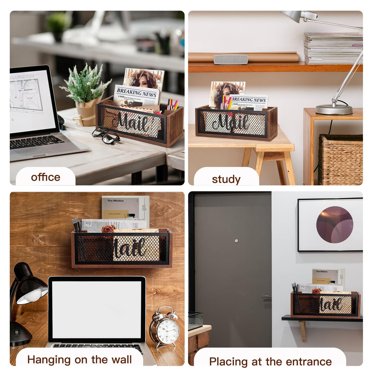 BOTOP Mail Organizer,Mail Holder with 2 Slots, Wood Mail Basket Mail Sorter for Wall Table Countertop, Bill Envelope Letter Holder for Home Office