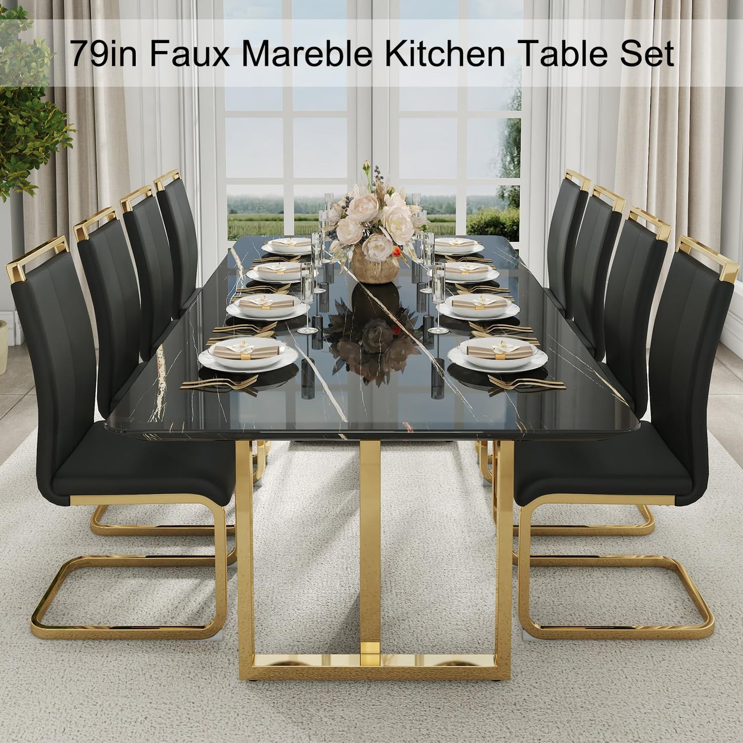 hohoedc 79'' Modern Dining Table Set for 8, Black Kitchen Table with 1.8" Thick Faux Marble Top & 8 PU Leather Chairs, Luxury Dining Room Furniture Set for Kitchen/Dinner Room