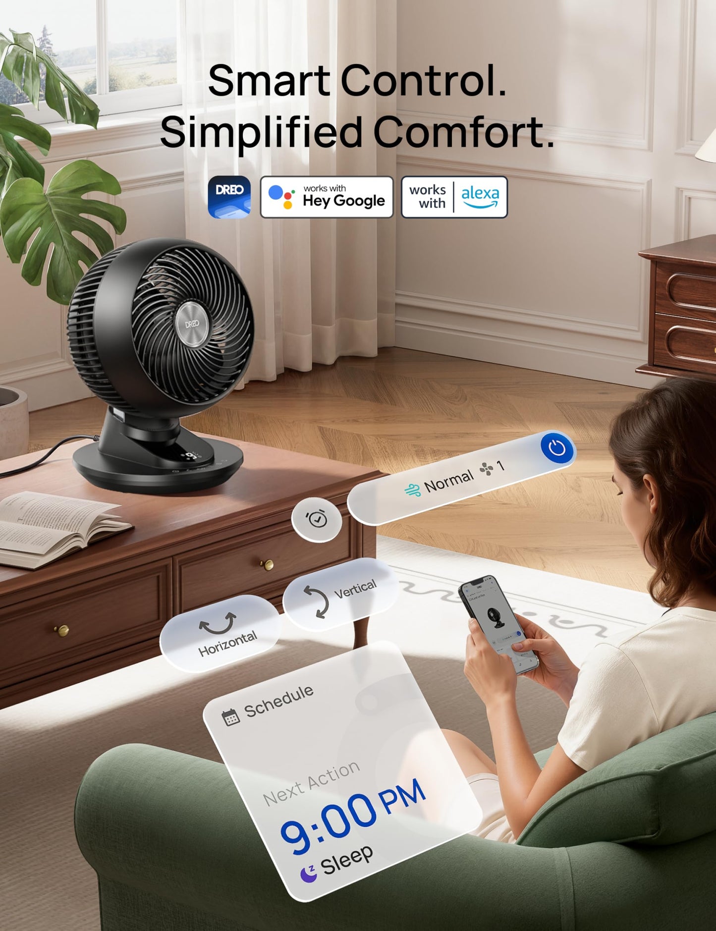 DREO Smart Fan for Bedroom, Powerful 85 ft Airflow, 12 Inches, Desk Fans in 20dB Quiet, 90ยฐ+90ยฐ oscillating fans, App/Voice Control, 9 Speeds & 8/12H Timer for Home Office Dorm
