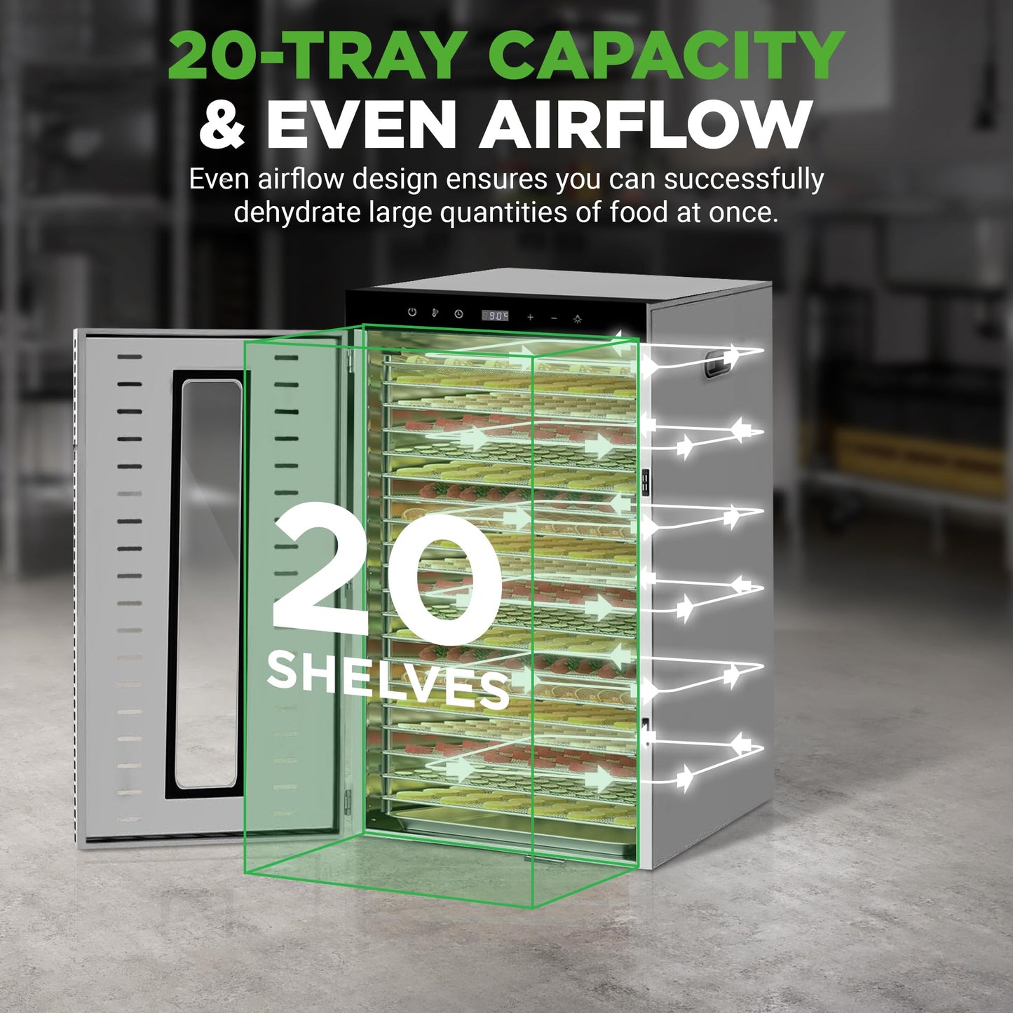 NutriChef 20 Layer Commercial Food Dehydrator Machine - Includes 20 Stainless Steel Trays, Built-in Digital Timer and Temperature Control, Ideal for Jerky Meat, Fruit, Pet Treats, and Vegetables