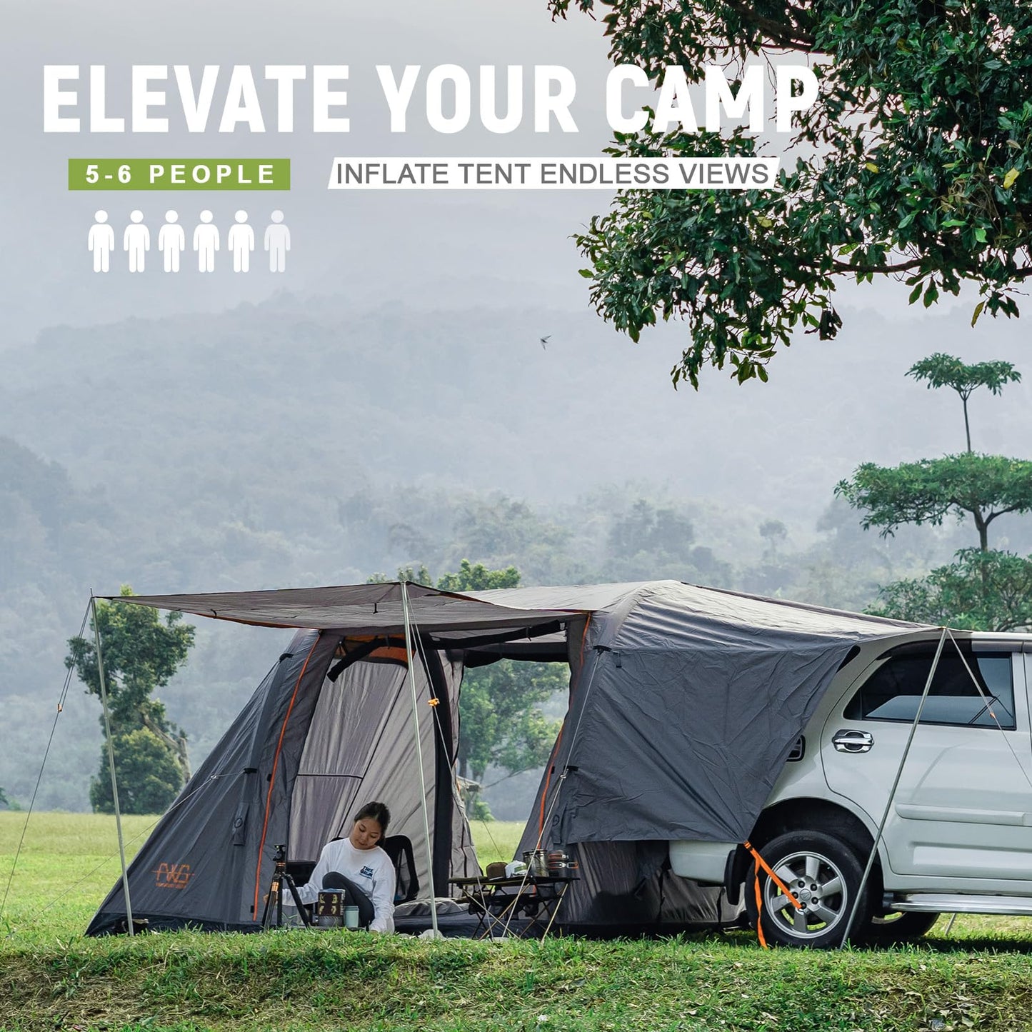 FEIWOOD GEAR Inflatable SUV Tent for Camping, Waterproof Car SUV Tent for 4-6 Person Camping Easy Set Up Inflatable with 4pc Aluminum Support Pole, Inflatable Pump