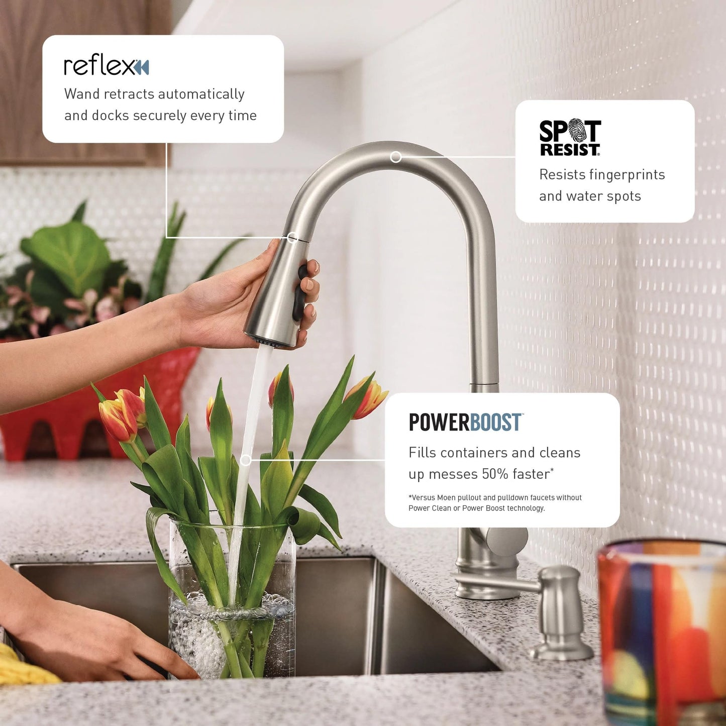 Moen Reyes Stainless Pulldown Kitchen Faucet with Soap Dispenser and Power Boost, Transitional Kitchen Faucet, One-Handle High Arc, Easy Installation, Spot Resist Finish, 87932SRS