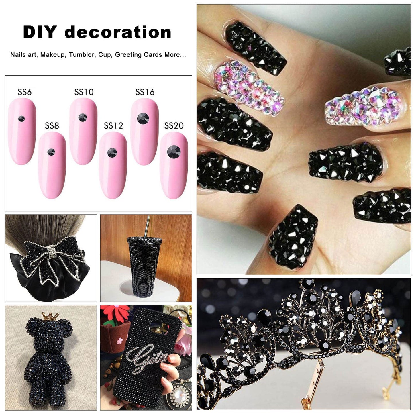 Meibite Black Glass Flatback Rhinestones for Nails, Crafts & Clothes – 4240PCS 6 Sizes (SS6–SS20) Crystal Gems Kit with Tweezers & Picker, Non Hotfix DIY Rhinestones for Tumblers, Shoes, Nail Art