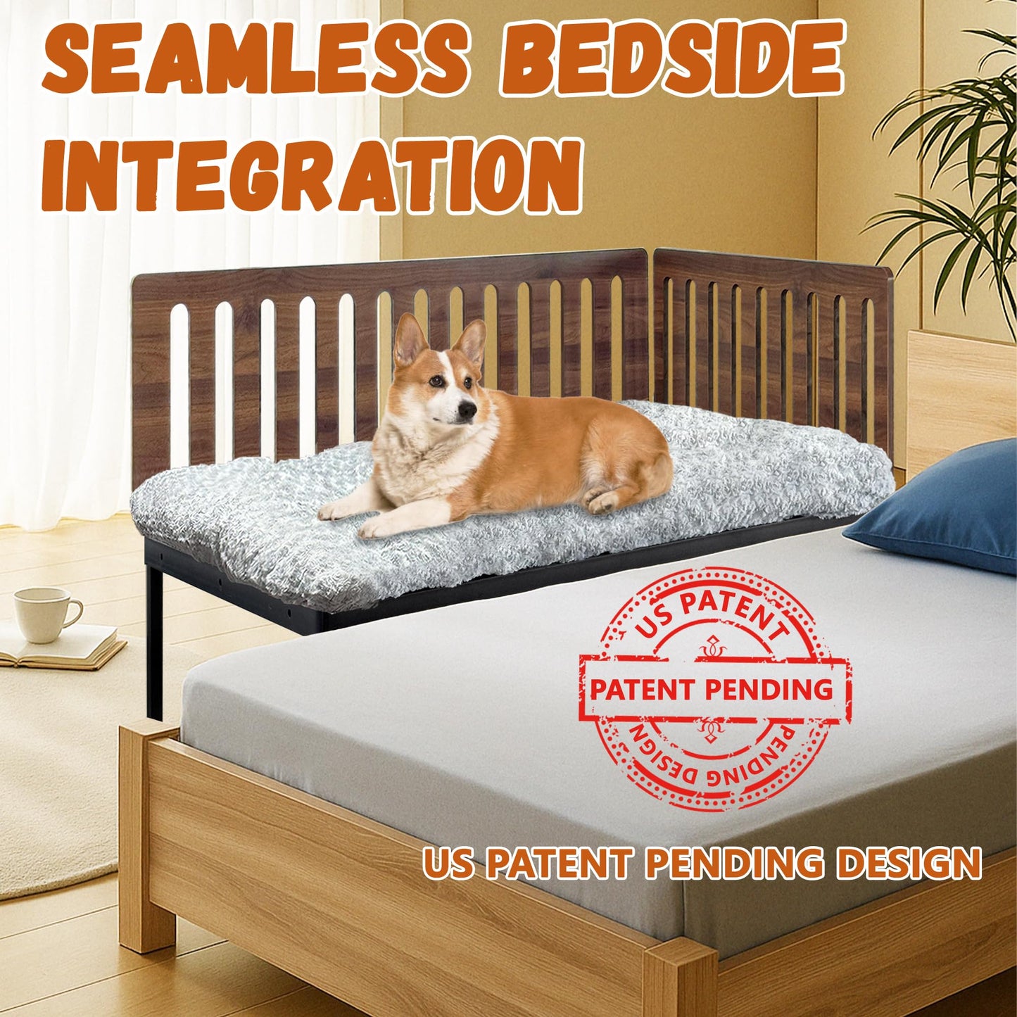 Beside Dog Bed,2 Panel Adjustable Height Dog Bunk Beds,40''x28'' Metal Dogs Bed Frame with Cushion,Large