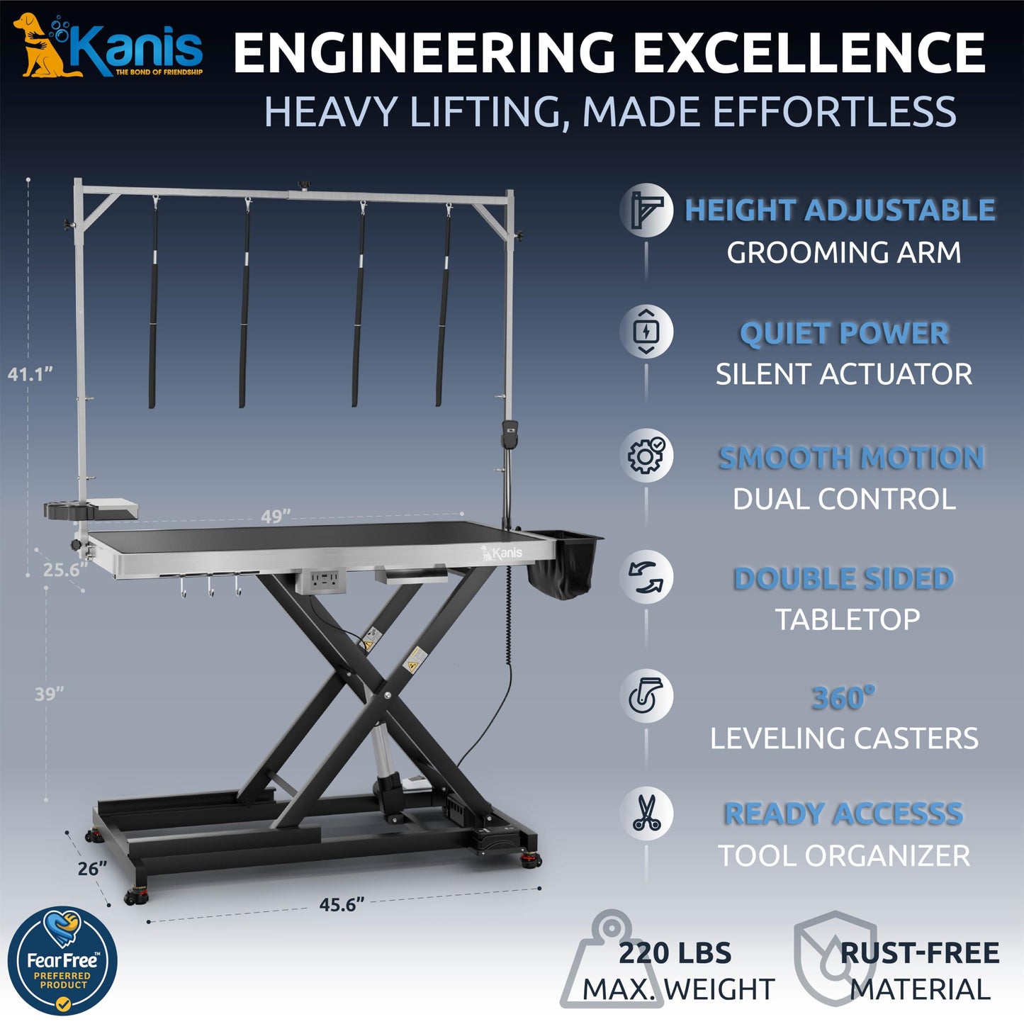 KANIS Professional Electric Dog Grooming Table - Heavy Duty, Height Adjustable Pet Grooming Table w/Leveling Wheels, Grooming Arm, Anti Slip Tabletop & Tool Organizer/Dog Grooming Station (49", BLACK)