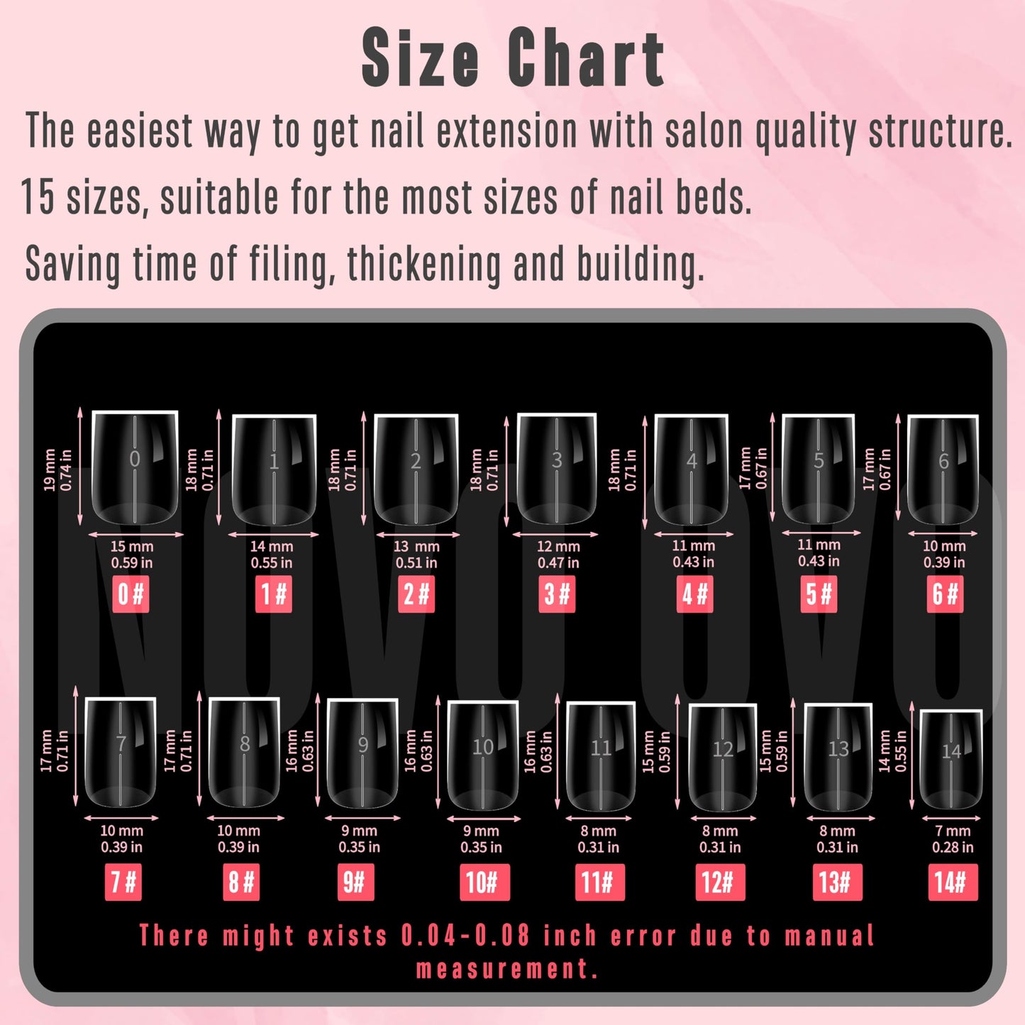 NOVO OVO Straight Square Thick Short Natural Nail Tips Press on, No C Curve Sharp Square Soak Off Soft Gel Fake Nail Extension, Full Cover False Nails for Acrylic French, Salon DIY x 15 Sizes 510 pcs