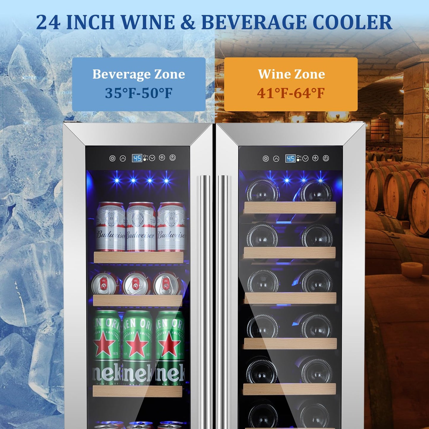 MZAVP 24 Inch Wine and Beverage Refrigerator, Dual Zone Beverage Cooler with Glass Door, Built-In or Freestanding Wine Fridge with Fast Cooling, 20 Bottles and 88 Cans Large Capacity