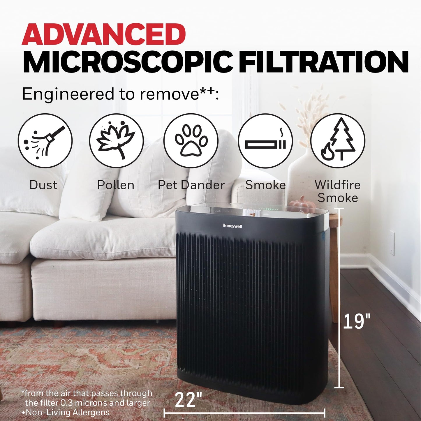 Honeywell HEPA Air Purifier for Home, 2423 Ft² Rooms in 1 hour, Air Quality Monitor, Auto Mode, Reduces Allergens, Dust, Pollen, Pet Dander, Odors, Smoke, Black, HPA5300B