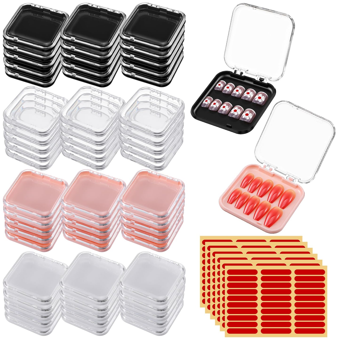 Xaajooio 60 Pcs Press On Nail Packaging Boxes with 180 Adhesive Tapes, 3 X 3 Inch Plastic Display and Storage Case for Nail Art Business Salon Supplies, 4 Colors