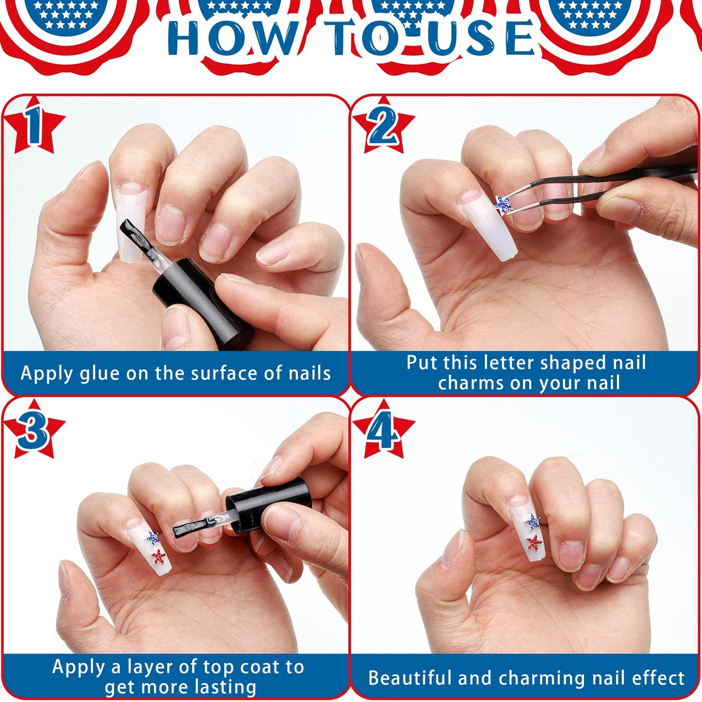 Leelosp 36 Pcs Star Shaped Nail Charms 4th of July for 250th Anniversary, Patriotic Red White Blue 3D Alloy Rhinestones, DIY Nail Art Gems, Independence Day Jewelry for Women