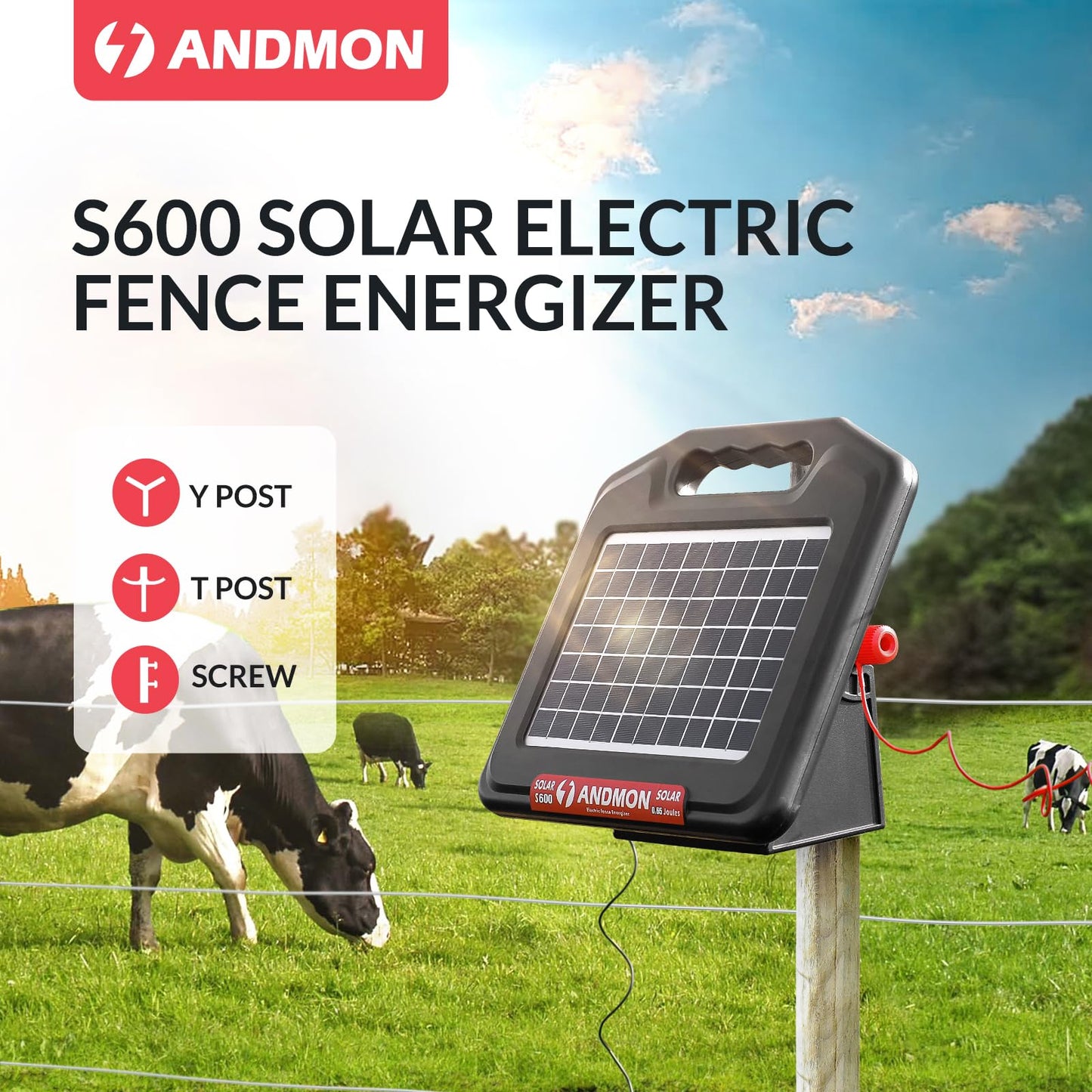 ANDMON S700 35 Miles Solar Fence Charger, 0.76 Joule Solar Electric Fence Charger for Livestock, Horses, Cattle Sheep, Solar Powered Electric Fence with Dual Input, Easy Installation