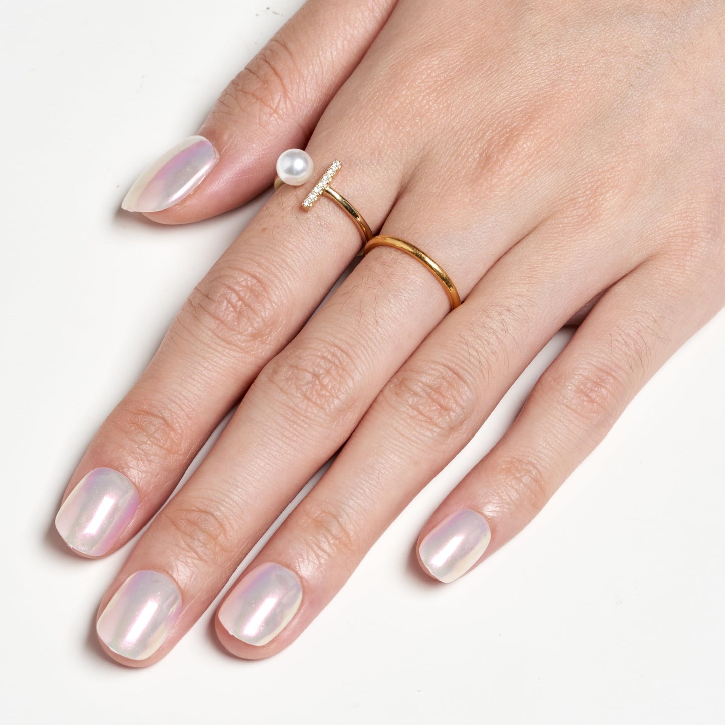 GLAMERMAID Pure White Pearl Chrome Extra Short Press on Nails, Glazed Handmade Gel Fake Nails Short Squoval, Mirror Powder Square Glue on Nails, Acrylic False Nails, Glossy Round Fake Nails for Women