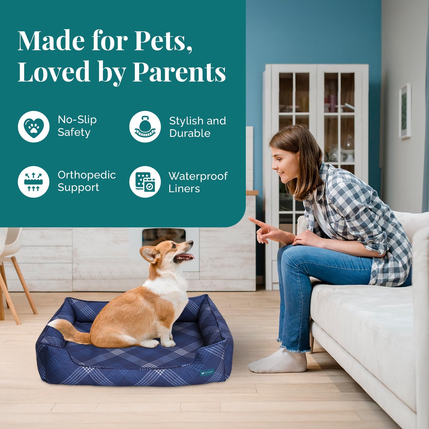 Pupstilo Orthopedic Bolster Dog Bed β CertiPUR-US Foam, Recycled Polyester Canvas, Washable Cover, Anti-Slip Bottom, Large, Navy Plaid β Stylish Designer Dog Sofa