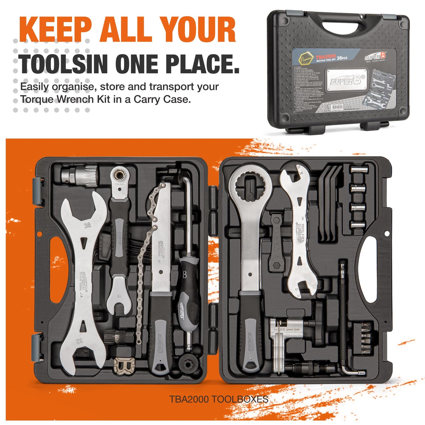 Super B 36 PCS Bicycle Tool Set - Bike Repair Kit with Carry Case - Bike Maintenance Tools for Road Bikes and Mountain Bikes, Repairing Tyres, Brakes, Chains, Pedal, Crank Puller(TBA2000)