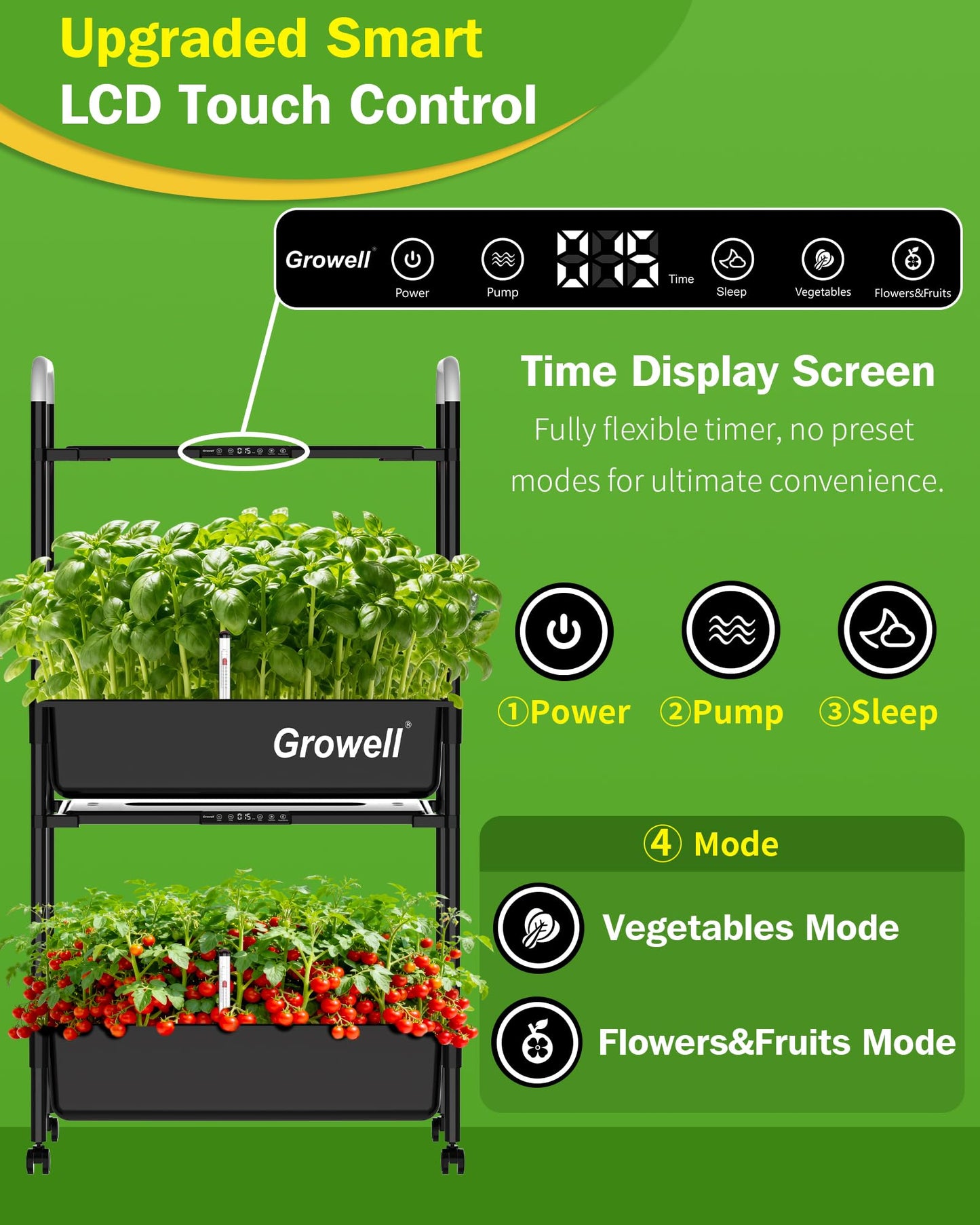 Growell Large Hydroponics Growing System Kit, Vertical Indoor Herb Garden Kit with LED Grow Light & Independent Water Pump, 28L Movable Indoor Planter Perfect Gardening Gifts (2 Tier-54 Pods Black)