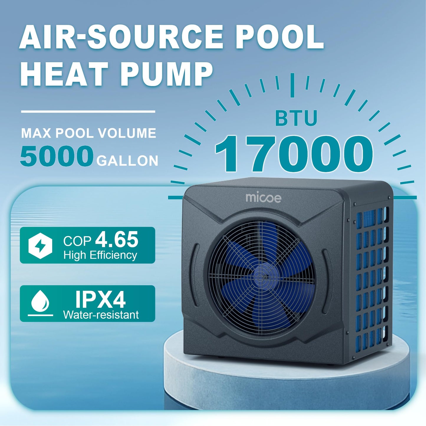 MICOE 17000 BTU Pool Heater for Above Ground, Swimming Pool Heat Pump Heating or Cooling, Titanium Heat Exchanger,Ultra Quiet 50dB, 120V with Easy Install Kit
