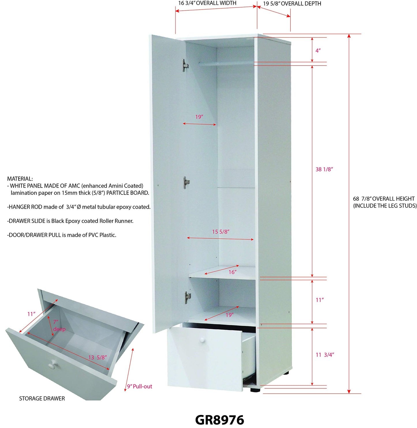 KB Designs Wardrobe Armoire Hanging Storage Closet with Garment Rod, Adjustable Shelf and Drawer, Compact Freestanding Bedroom Organizer Cabinet with Drawer Storage Unit, White