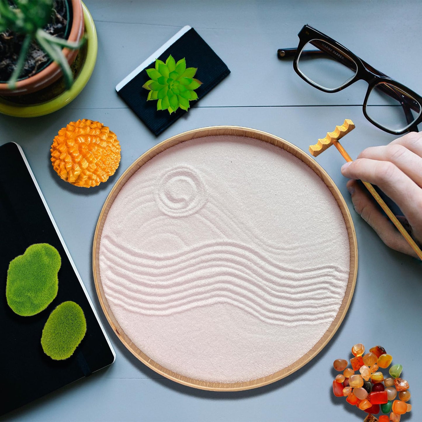 Threeheng Japanese Zen Garden Kit for Desk, Bamboo Sand Garden Meditation Therapy Tray Gift Set, Mini Zen Décor Office Desktop Accessories - 2 Textured Spheres, Incense with Holder