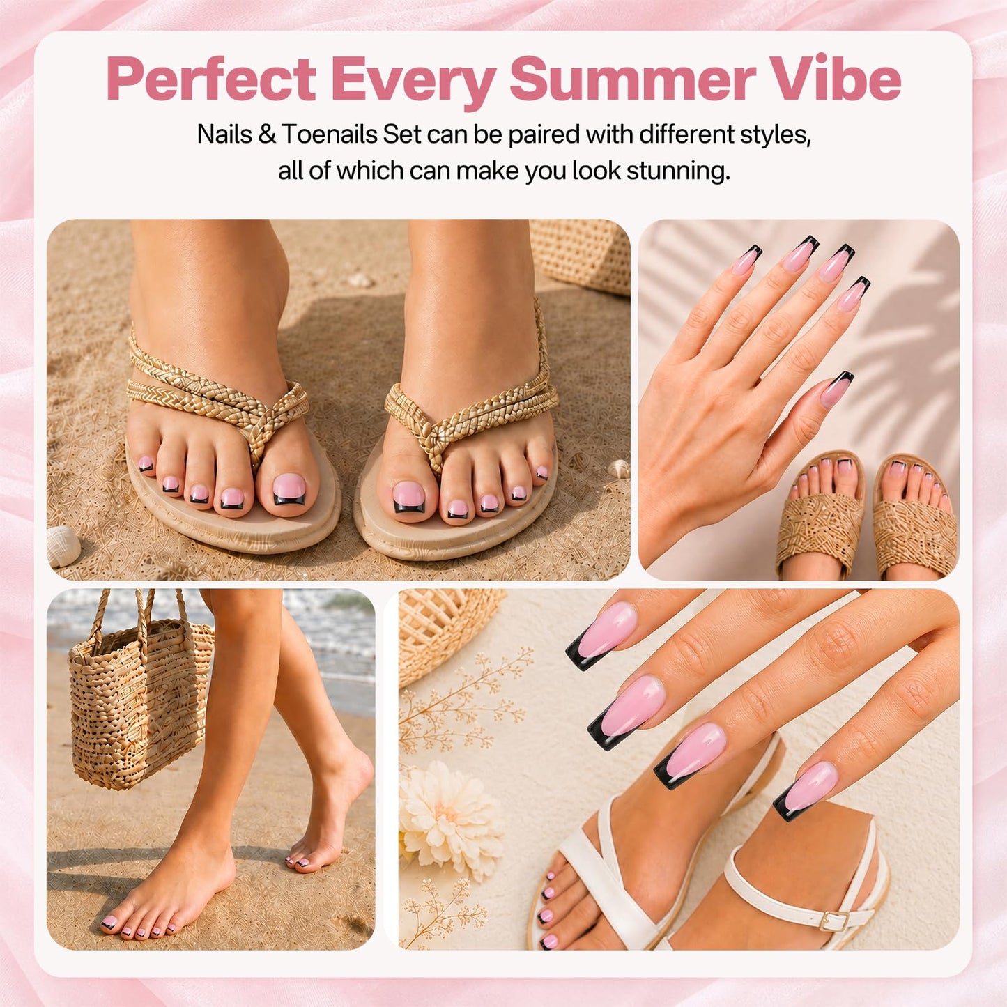 SIUSIO 60Pcs Black French Tip Press on Nails Toenails Set, Medium Square Pink French Fake Nail Short False Acrylic Toe Nail Press ons Full Cover Salon Nail Art French Manicure Kit for Women