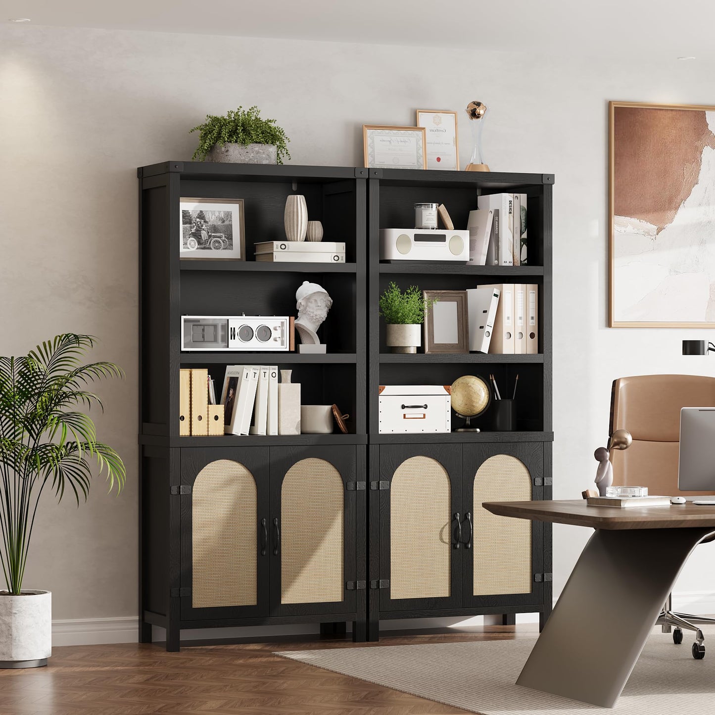 GarveeHome Bookshelf and Bookcase with Doors, 5 Tier Double Wide Large Bookshelves, Open Display Shelves, 70'' Tall Bookshelf with Storage Cabinets for Home Office, Living Room, Library, Black