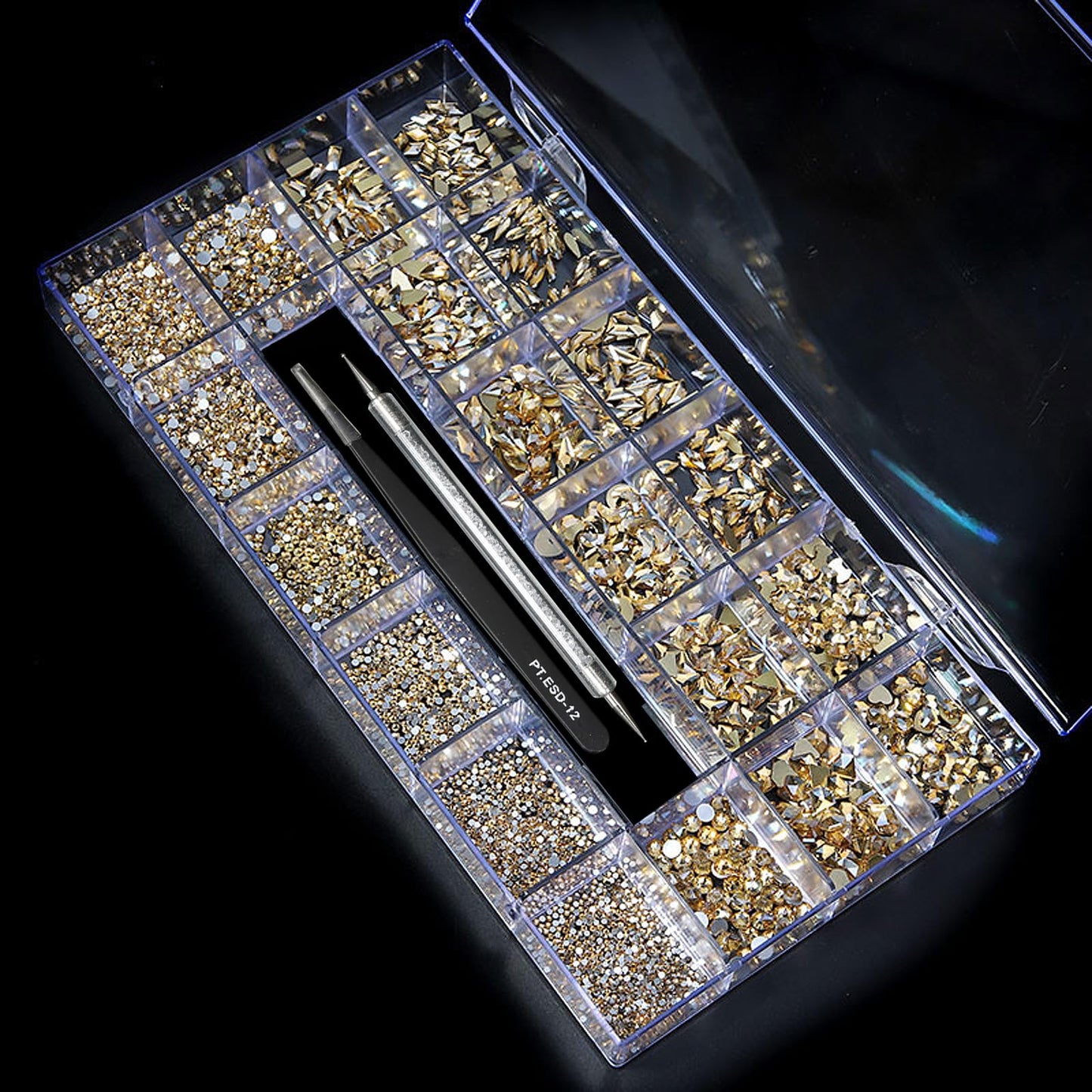 Yzzseven 12 Types of 600 Champagne Diamonds + 2500 Flat Rhinestones Mix 20 Styles Flatback DIY Crafts Rhinestone Crystals 3D Ornaments Flat Back Stones Set + Tweezers + Drill Pen