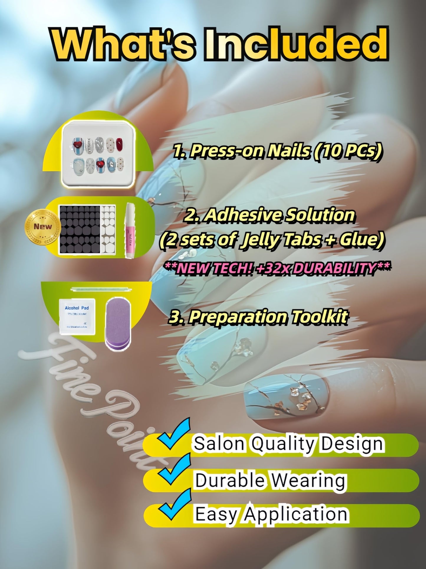 Fine Point Handmade Salon-Quality Fake Nails, Short Squoval Press-On Nails, 3D Floral Pastel Spring Design with White Flowers, Acrylic Nails with Glitter Accents in Painterly Oil Style (Size Small)