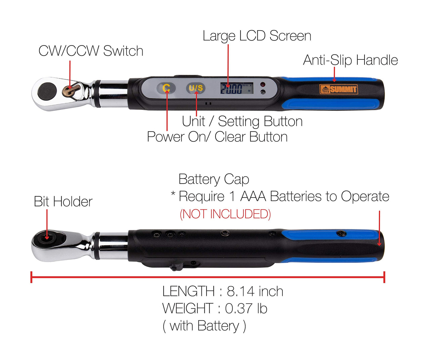 Summit Tools Bit-Head Digital Torque Wrench, 1/4 inch Drive Adopter, 0.221-4.424 ft-lbs Range, Measure Peak Torque, Compact Size, Calibrated (BMS2-006CN-S)