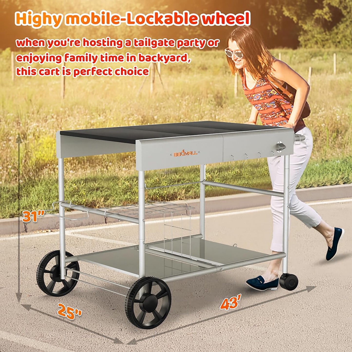 BBQMall Upgraded Pizza Oven Cart Table for Ooni Koda/Karu/Fyra 16 & 12, Movable Thicken & Widen Rolling Kitchen Cart, Outdoor Grill Stand for Ninja Woodfire,Blackstone Griddle,Barbecue Tool Set