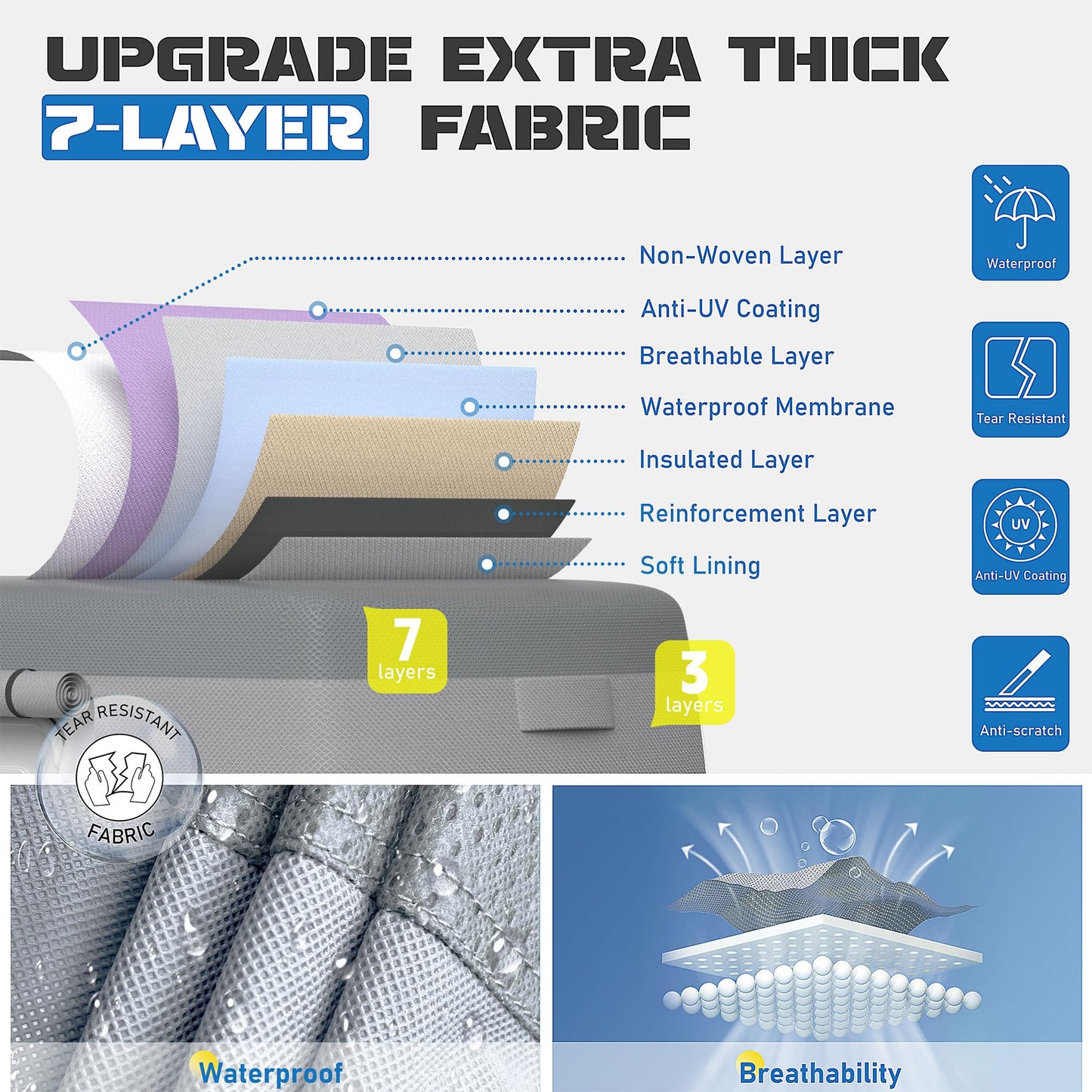 Fiberglass Travel Trailer Cover Fits 13' - 16' Trailers, Anti-Tear 7 Layer Top Camper RV Cover, Superior RV Covers with Windproof Strap, Adhesive Repair Patches