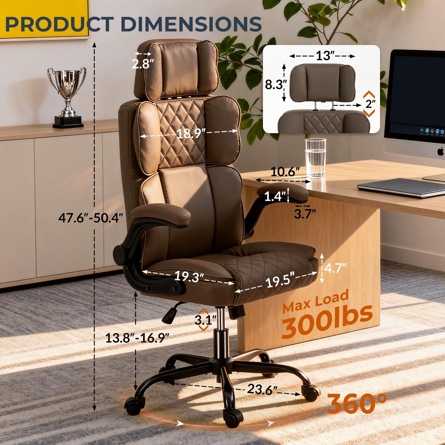 Office Chair with Adjustable Headrest - Executive Leather Desk Chair for Home Office, with Flip-Up Arms & Ergonomic Lumbar Support, Perfect for Work and Study, Brown