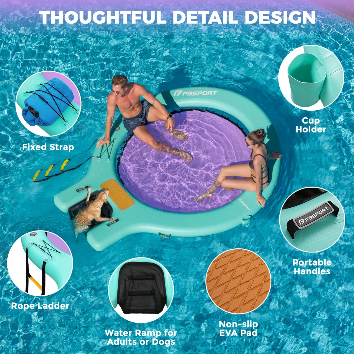FBSPORT Inflatable Water Hammock Floating Dock with Boat Ramp,Round Floating Ring Inflatable Raft with Cup Holders, Sun Float Chill Tanning Pool Lounger Platform for Lake
