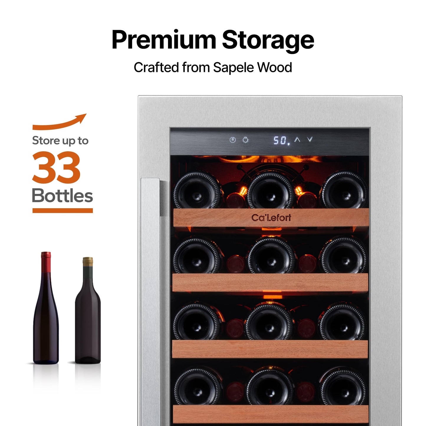 Ca'Lefort 15 Inch Wine Fridge, 33 Bottle Wine Cooler Refrigerator, 40-65°F Wine Refrigerator Glass Door, 3 LED Wine Fridge, Built-in or Freestanding Fridge for Home/Bar/Kitchen (3.0 cu.ft)