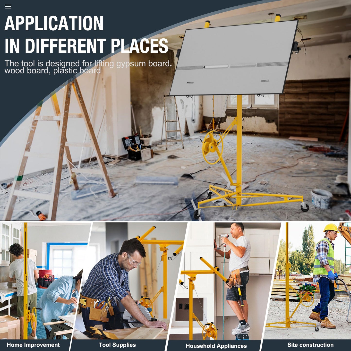 Drywall Lift 16 Ft,Sheetrock Lift Drywall Lifter,150LBS Heavy Duty Rolling Lifter Panel,Hoist Jack with 360° Adjustable Telescopic Arm & 3 Lockable Wheels (16 Ft Yellow)