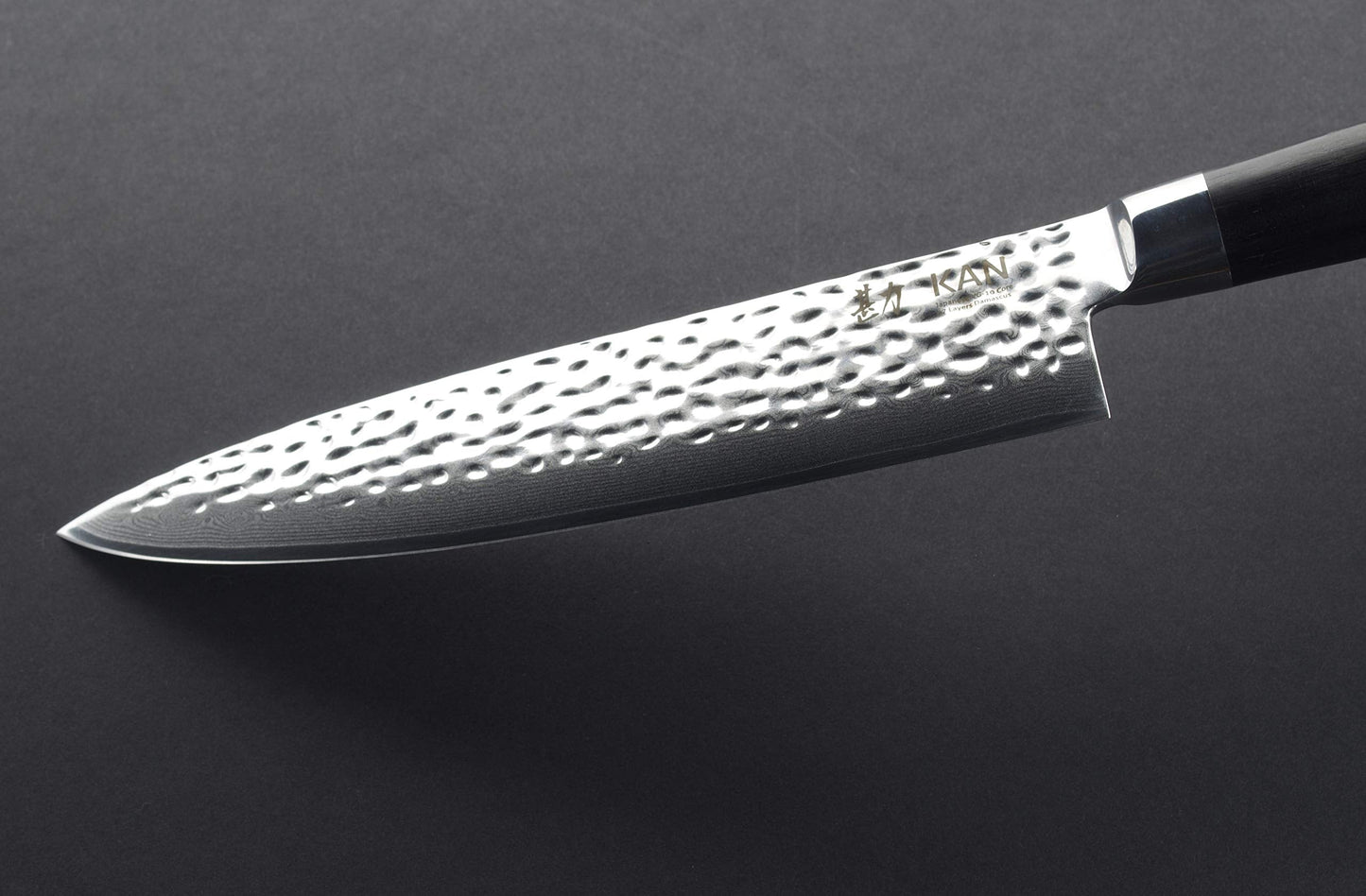 KAN Core Basic Set: 8-inch Chef Knife (hammered finish), 6-inch Santoku, 3.5-inch Paring knife - Ebony wood handles