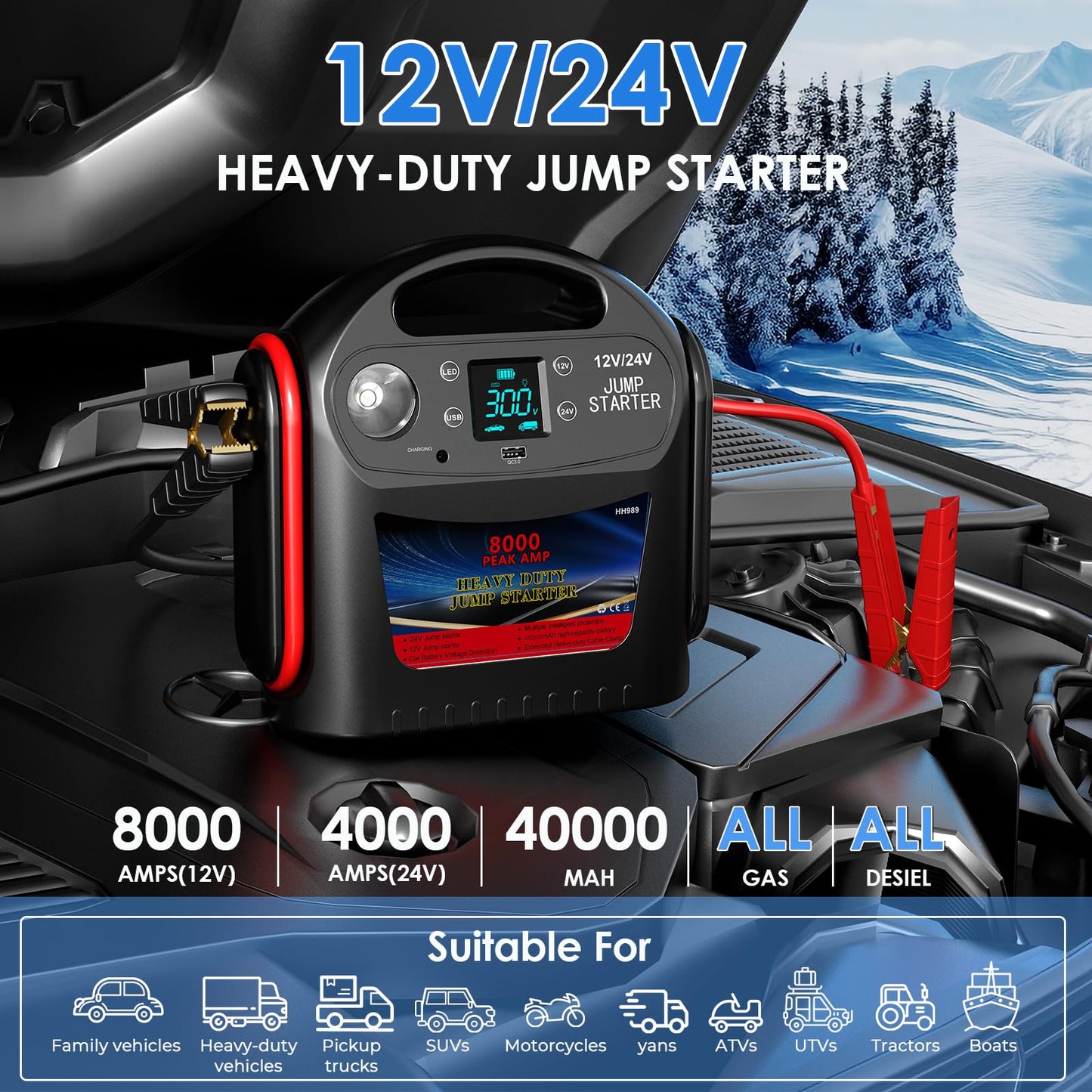 8000A Car Battery Jump Starter for All Gas/Diesel,12V/24V Intelligent Car Jumper Starter Battery Pack, Heavy Duty Portable Jump Box Power Pack with LED Light